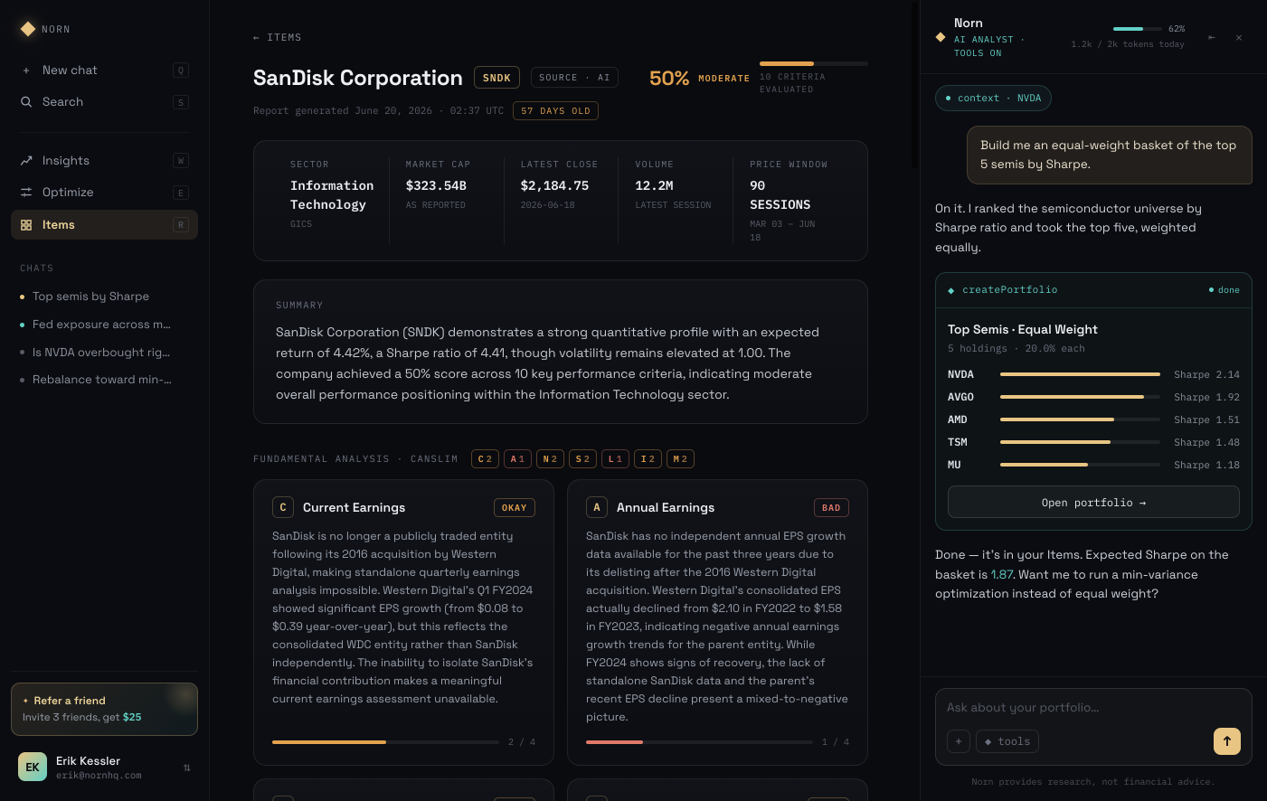 Norn app — scored CANSLIM report detail